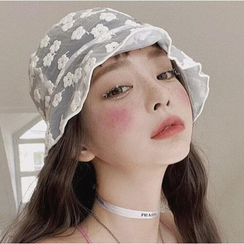 Flower Embroidery Sun Hats 2020 New Summer For Women Female Black White Retro Lightweight Korean Anti-UV Beach Lace Bucket Hat
