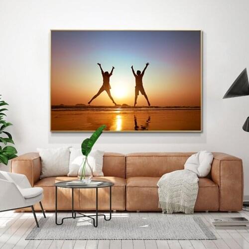 Couple Young Lover Jump Sunset Vacations Canvas Painting Posters and Prints Cuadros Wall Art Picture for Living Room Home Decor