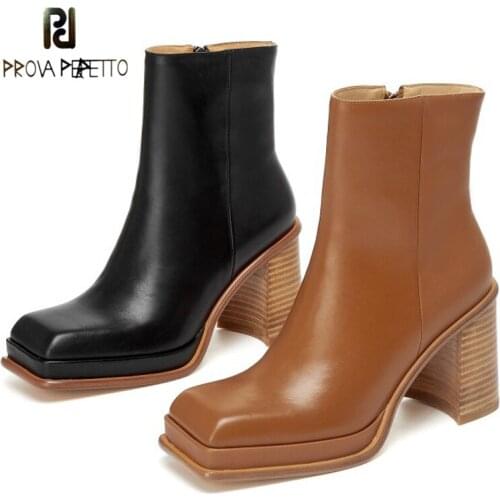 Square Toe Short Boots Womens Autumn New Style Cowhide Retro Wood Grain Thick High-heeled Side Zipper Womens Single Boots