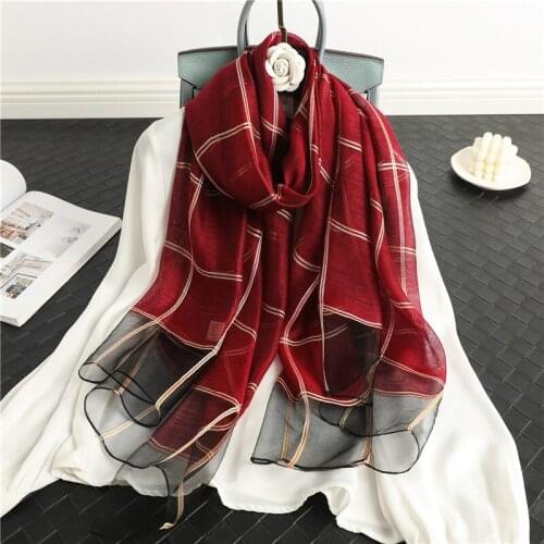 Luxury Plaid Silk Wool Scarf Shawl Wrap Women Thin Hijab Foulard Soft Pashmina Female Long Spring Summer Beach Stoles 2021