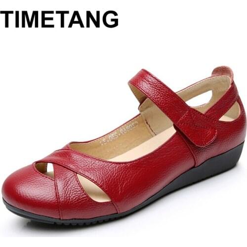 TIMETANG Plus Size 35-43 Vintage Summer Shoes Women Genuine Leather Gladiator Sandals Women Hook & Loop Flat Shoes WomanE802