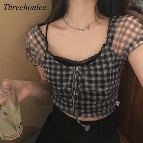 2021 Summer Womens Plaid Blouse Retro Chiffon Square Collar Lace Puff Sleeve Female Korean Casual Sweet Crop Tops