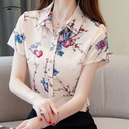 Blusas Blouse Women Short Sleeve Vintage Tops Blouses Chic Silk Shirt Korean Print Turn Down Collar Office Lady Clothing 10072