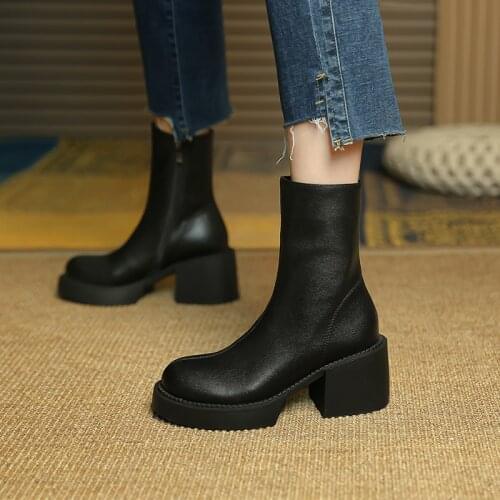 Basic Women Ankle Boots Casual Concise Genuine Leather Round Toe Thick Heels Working Casual Shoes Woman Autumn Winter
