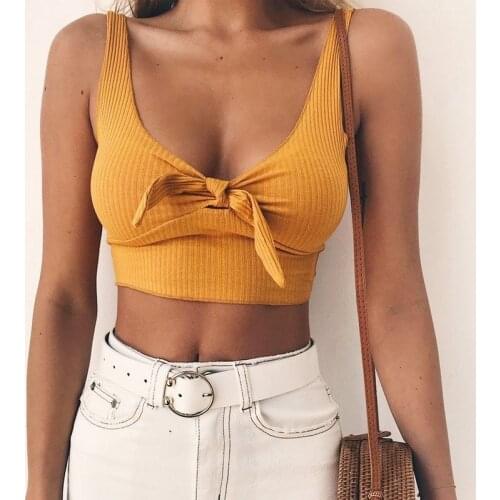 Ribbed Bow Tie Camisole Tank Tops Women Summer Basic Crop Top Streetwear Fashion 2021 Cool Girls Cropped Tees Camis