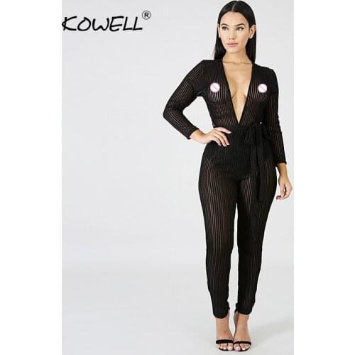 Sexy deep v neck long sleeve jumpsuits for women 2018 autumn winter skinny high waist lace up fashion rompers womens jumpsuit