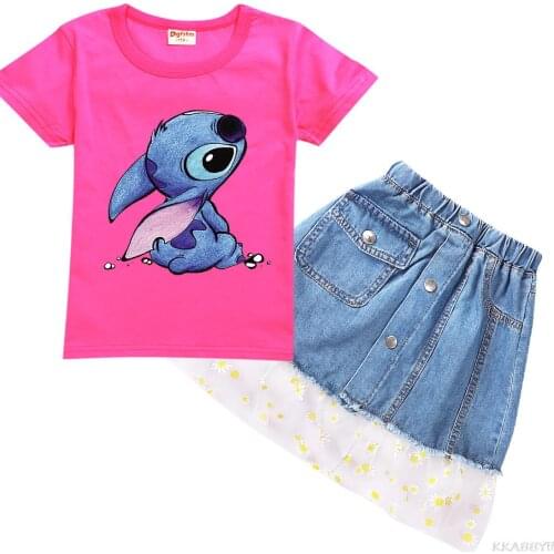 Stitch Fashion Casual Summer Hot Sale Boys and Girls Childrens Short Sleeve Cartoon T-shirt Top + dress 2pcs Set