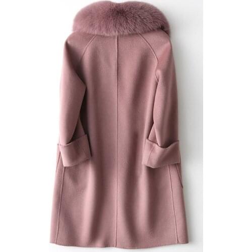 2020 Fashion 100% Coat Female Handmade Double Wool Coats Medium Winter Jacket Women Natural Fox Fur Collar WYQ1143