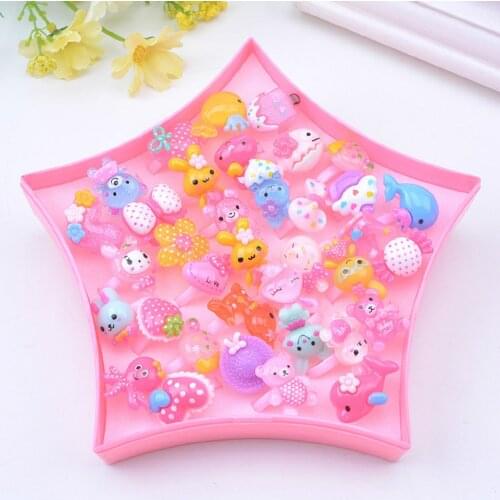 36 pcs Pentagram Cartoon Rings Colorful Fingers Games for Girls Children Pretend Play Beauty Fashion Toys Birthday Party Gift