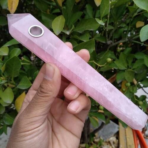 7in Length Natural rose Pipe Quartz Crystal Point w/Carb Hole wand