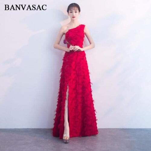 BANVASAC 2018 Feathers One Shoulder Split A Line Lace Long Evening Dresses Elegant Party Sash Backless Prom Gowns