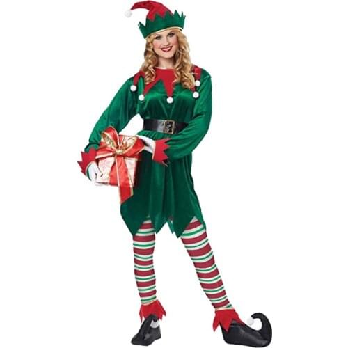 Carnival Holiday Helper Santa Clauss Elf Costume Christmas Jolly Green Velvet Fancy Party Dress Cosplay Halloween