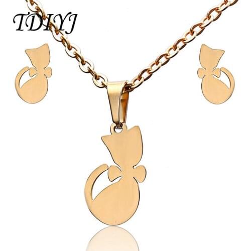 TDIYJ Fashion Stainless Steel Cute Animal Plant Necklace Set Simple Chain Strap Set of Cat Butterfly Dolphin Fish 3 Set