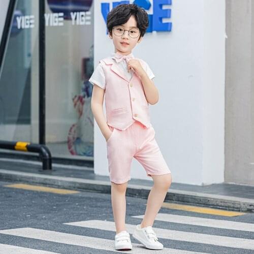 Boys Summer Vest Shorts Bowtie 3PCS Clothing Set Kids Birthday Wedding Dress Skirt Photography Suit Gentleman Children Costumes