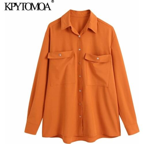 KPYTOMOA Women 2021 Fashion With Pockets Oversized Blouses Vintage Long Sleeve Button-up Female Shirts Blusas Chic Tops
