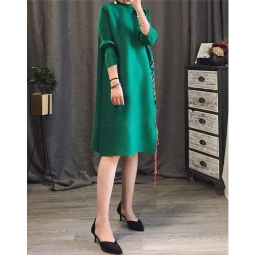 HOT SELLINGAutumn new style dress side lace loose solid color seven sleeves turtleneck dress IN STOCK