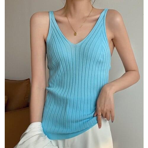 LJSXLS Summer All-match V-Neck Knitted Camis Tank Tops Women Solid Color Sleeveless Tank Top Female Elasticity Womens Clothing