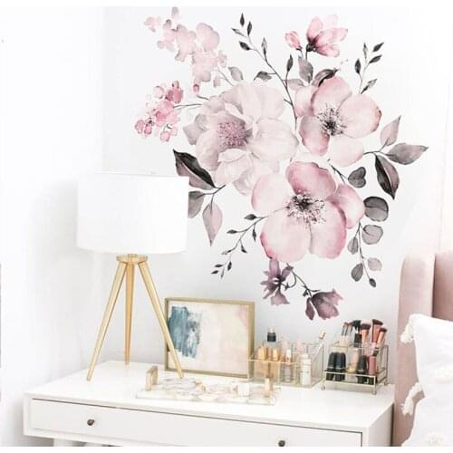 Water Color Pink Flowers Wall Stickers Bedroom Living Room Decoration Mural Home Decor Decals Flower Cluster Stickers Wallpaper