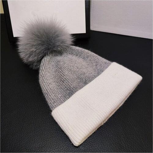 New wool winter hats for women Real Fur Pompom Hat Fox Fur Ball Knitted Warm Beanies high quality