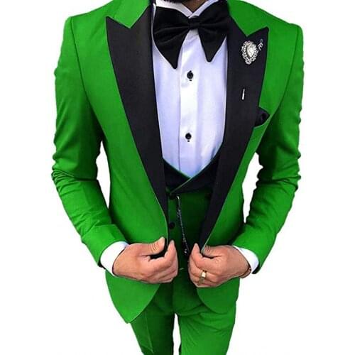 New Style Men Suits Green Groom Tuxedos Peak Black Lapel Groomsmen 3 Pieces Set ( Jacket + Pants + Vest + Bow Tie) D368