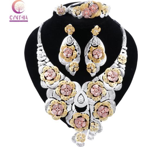 CYNTHIA New Indian Bridal Jewelry Set for Women Gold-color Necklace Earrings Bracelet Ring Party Gift