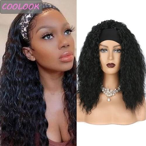 Loose Wave Headband Womens Wigs 20 Inch Ombre Brown Water Wave Wig with Headscarf Heat Resistant Fibre Natural Wavy Cosplay Wig