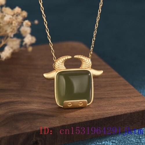 Green Jade Cattle Pendant Gifts Charm Necklace Women Chinese Fashion Natural Chalcedony Zircon Gemstone Jewelry 925 Silver
