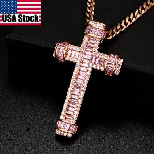 Pink Baguette Cross Pendant Necklace Men Women Hip Hop Jewelry Iced Out Bling Pendant Religious Party Gift Cross Necklace