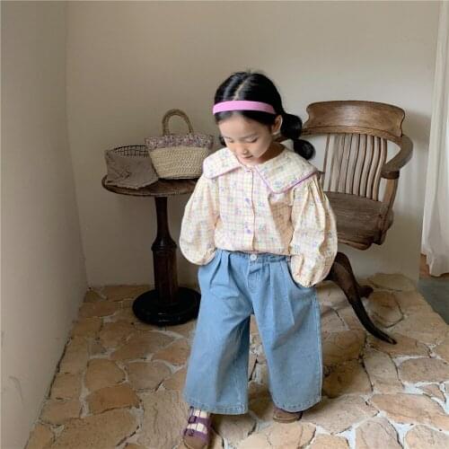 Girls' Long Sleeve Shirt 2021 Autumn New Childrens Cute Embroidery Flower Turndown Collar Korean Casual Top Kids Clothes