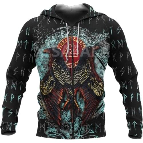 X-Safala Viking Tattoo Raven 3D All Printed Hoodie Man Women 3 Harajuku Outwear Zipper Pullover Sweatshirt Casual Jacket
