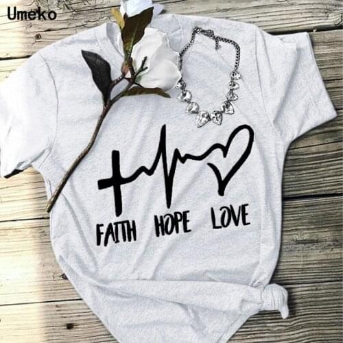 Umeko 2020 Summer FAITH HOPE LOVE Print T-Shirt Casual Solid O-Neck Short Sleeve Tees Tops Women 8 Colors T-Shirt 5XL Plus Size