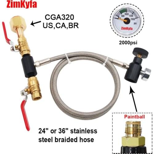 US CGA320 CO2 Fill Station Cylinder Refill Adapter for Paintball Tank with 24" / 36" Stainless Steel Hose & 0-2000PSI Gauge