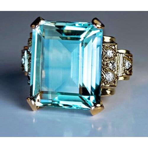Gorgeous Charming Large Square Ocean Blue CZ Stone Ring For Women Fashion Gold Color Ring Bridal Trendy Wedding Jewelry Gifts