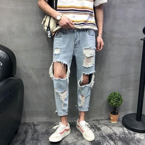 VERSMA Korean Ulzzang Summer Vintage Ripped Jeans For Men Kpop Streetwear Rip Curl Stretch Retro Denim Jeans Wide Baggy BF Pants