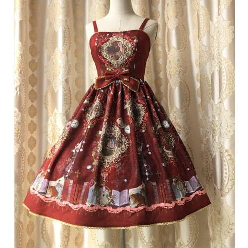 Palace Vintage Style Womens Lolita JSK Dress Slim Fit Beautiful Suspender Dress Western Painting Pictures Printed with Bow
