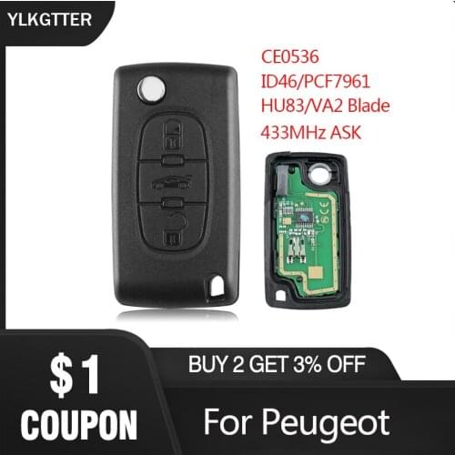 YLKGTTER 433MHz Remote Key Suit for Peugeot Partner 207 208 307 308 408 3 Buttons CE0536 ASK Signal HU83/VA2 Blade ID46 Chip