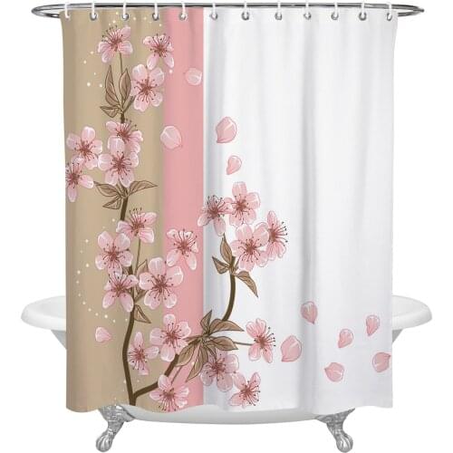 Peach Blossom Petals Leaves Flower Shower Curtain Home Bath Decorative Waterproof Polyester Fabric Bathroom Curtain