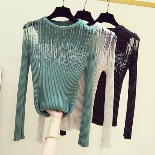 Shintimes Diamonds Spring Autumn T Shirt Women Vintage Knitted 2021 Hollow Out Long Sleeve T-Shirt Woman Clothes Tee Shirt Femme