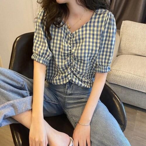 Women Shirts Summer New Retro V-neck Plaid Short Shirt Design Niche French Short-sleeved Top