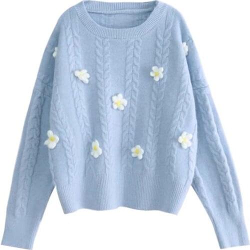 Japanese Preppy Style Autumn Winter Women Sweater purple Blue Flowers Knitted Pullover Cute Kawaii Elegant Mori Girl Outerwear