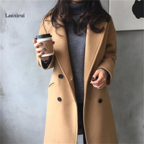 Spring new imitation wool coat Slim double breasted black jacket ladies long coat fashion
