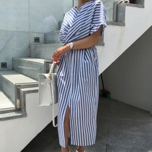 Plus Size New 2020 Women Summer Dress Blue Striped Bandage Split Long Dress Female Casual O-neck Long Bodycon Vestido Robe Femme