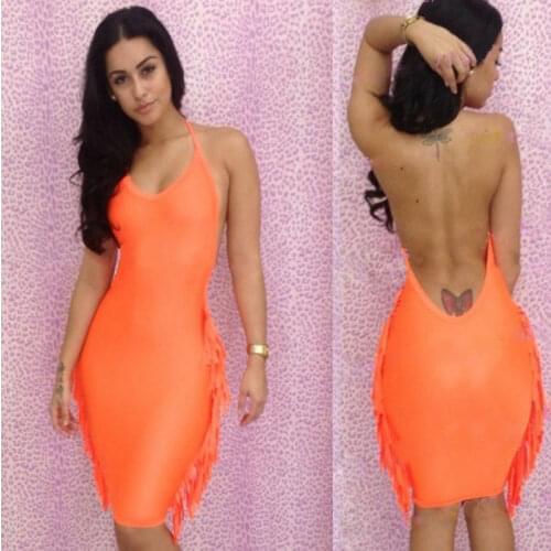 Candy Cherries Autumn Winter Women Sexy Sleeveless Bodycon Tassel Hollow Out Bandage Dress Empire Waist Backless Clubwear