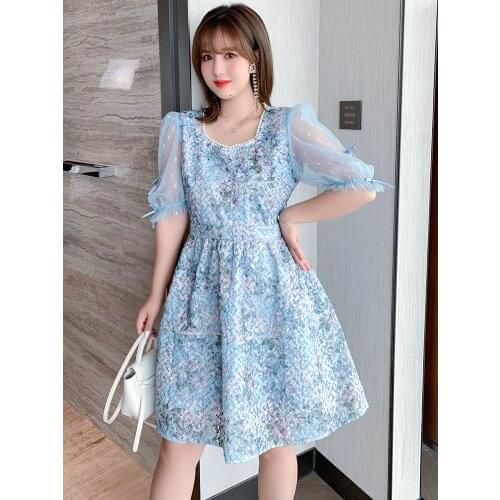 High quality Pin bead square neck mesh bubble sleeve high waist embroidered dress 2021 new pattern