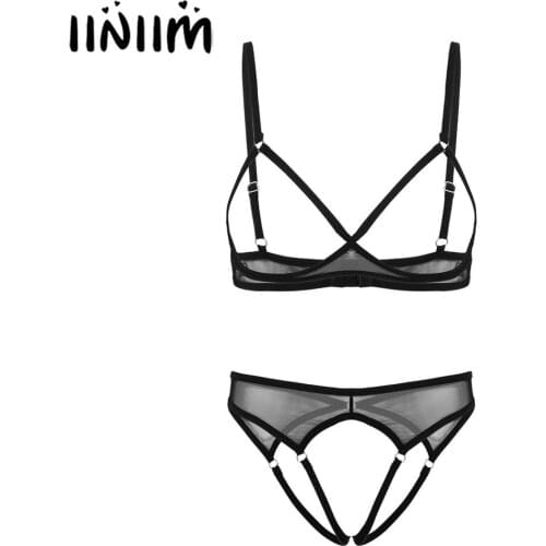 Womens Ladies Transparent Mesh Exotic Lingerie Set Honeymoon Bra Open Nipples Top with Crotchless Butt Hole Sissy Briefs Thong