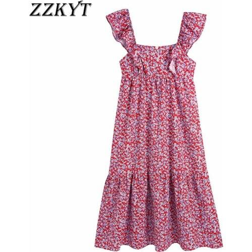 ZZKYT 2021 Women Summer Vintage Floral Print Ruffles Mini Dress Fashion Square Collar Sleeveless Female Party Dresses Vestidos