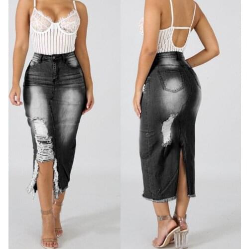 40% Dropshipping!! Fashion Women dress High Waist Ripped Split Denim Distressed Jeans Bodycon Long Skirt
