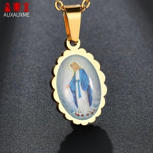 Auxauxme 2019 Gold Oval Virgin Mary Stainless Steel Necklace Catholic Blue Christian For Women Men Gift
