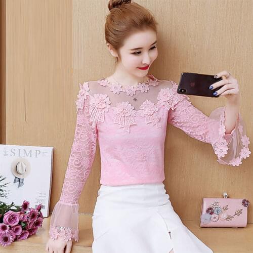 Hollow Out Lace Blouse Spring Fashion Womens 2021 New Long-sleeved Gauze Bottoming Shirt Blusas Mujer
