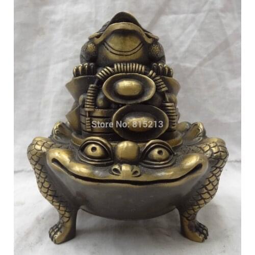 Bi00951 China Bronze Wealth Coin YuanBao Head Hoptoad Toad Statue Incense Burner Censer